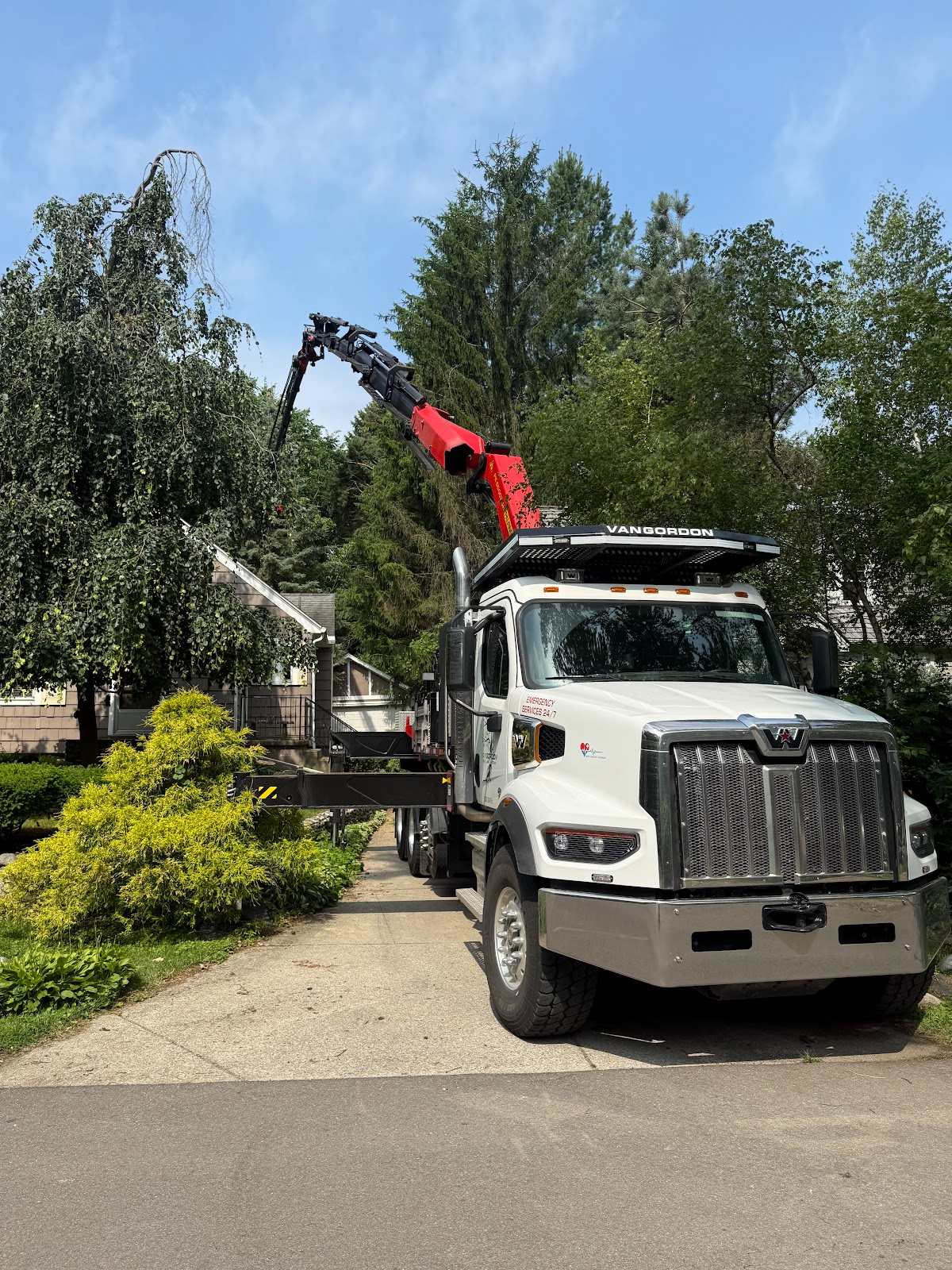 White tree service truck with crane trimming a tree in front of a house.