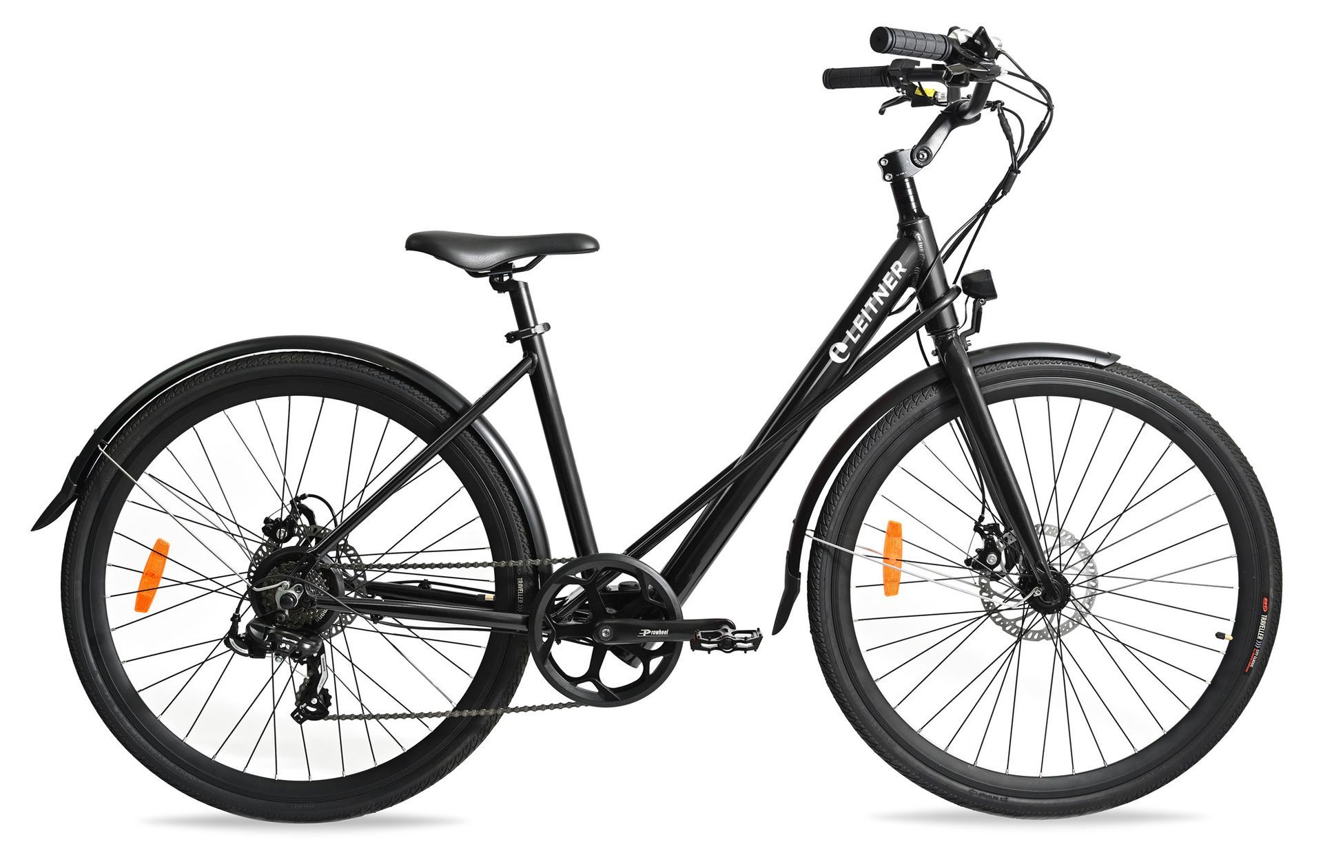 Black electric bicycle with fenders, disc brakes, and front headlight. — Freedom Sports in Bundaberg Central, QLD