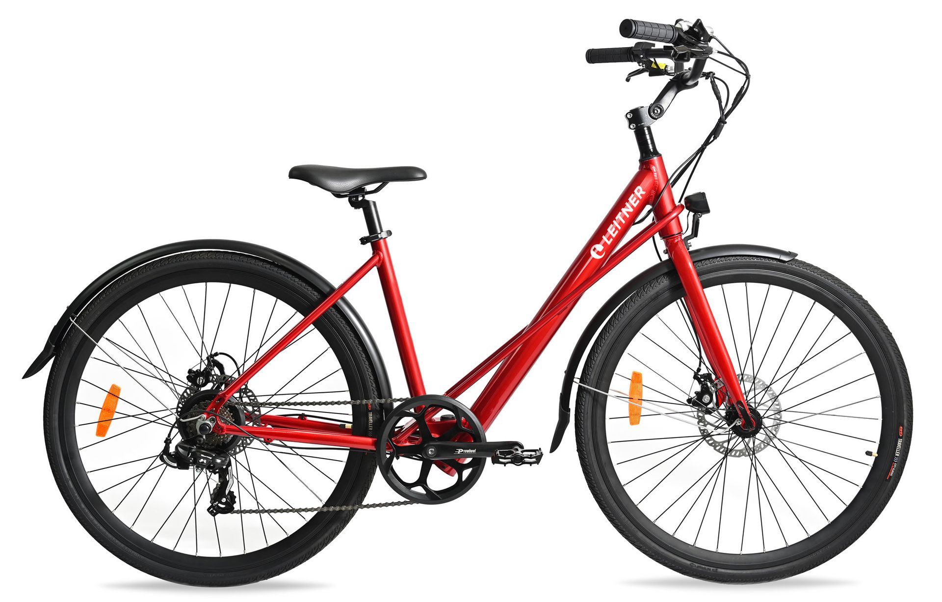 Red electric bicycle with black tires and fenders.
