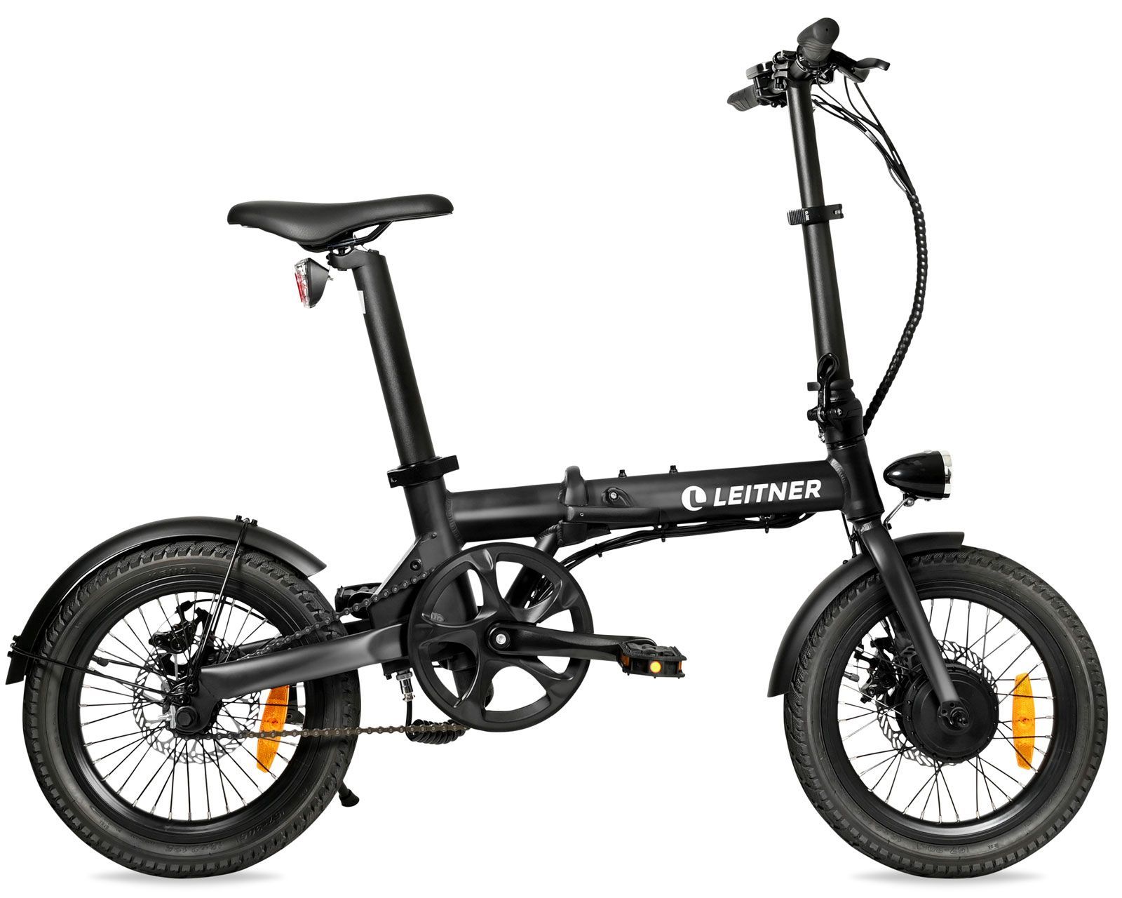 Black Leitner folding electric bike.