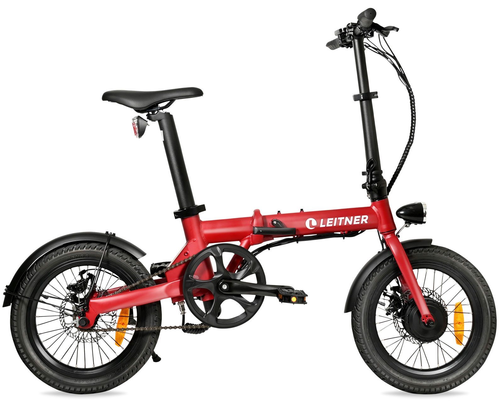 Red Leitner folding electric bike.