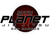Logo for 10th Planet Jiu Jitsu San Marcos: Black text on a red-brown circle background. "10th Planet" and "Jiu Jitsu" are in the text.