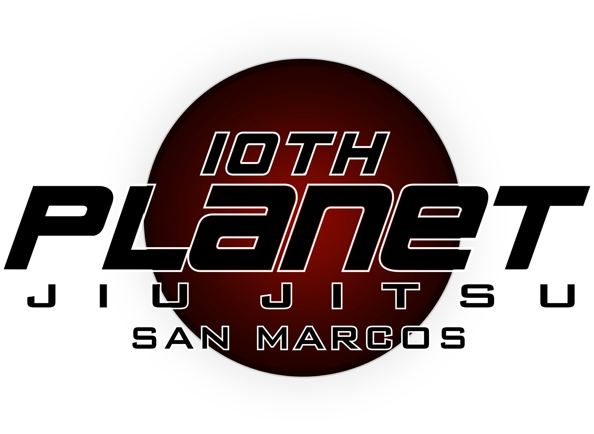Logo for 10th Planet Jiu Jitsu San Marcos: Black text on a red-brown circle background. "10th Planet" and "Jiu Jitsu" are in the text.