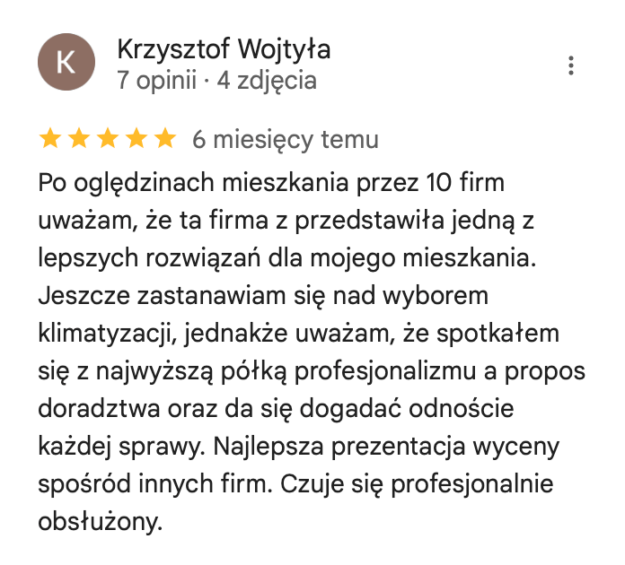 Screenshot opine z google maps użytkownika Krzysztof Wojtyła użytkownik ma 7 opinii i 4 opublikowane zdjęcia. Opinia na temat Wild Rose Services to 5 gwiazdek.