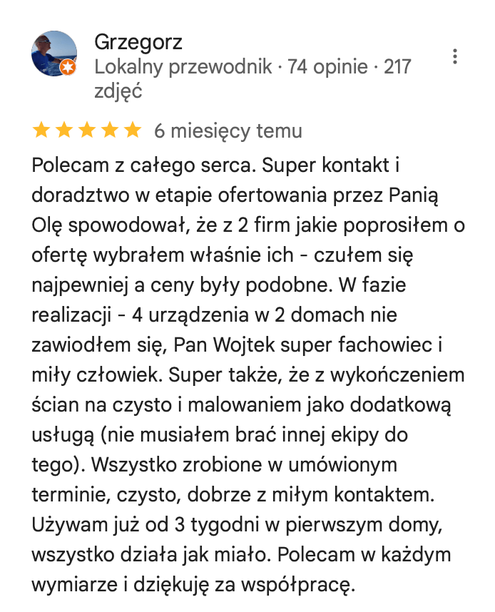 Screenshot opinii od Grzegorza, lokalny przewodnik 74 opinie i 217 zdjęć, ocena pracy wykonanej przez Wild Rose Services to 5 gwiazdek