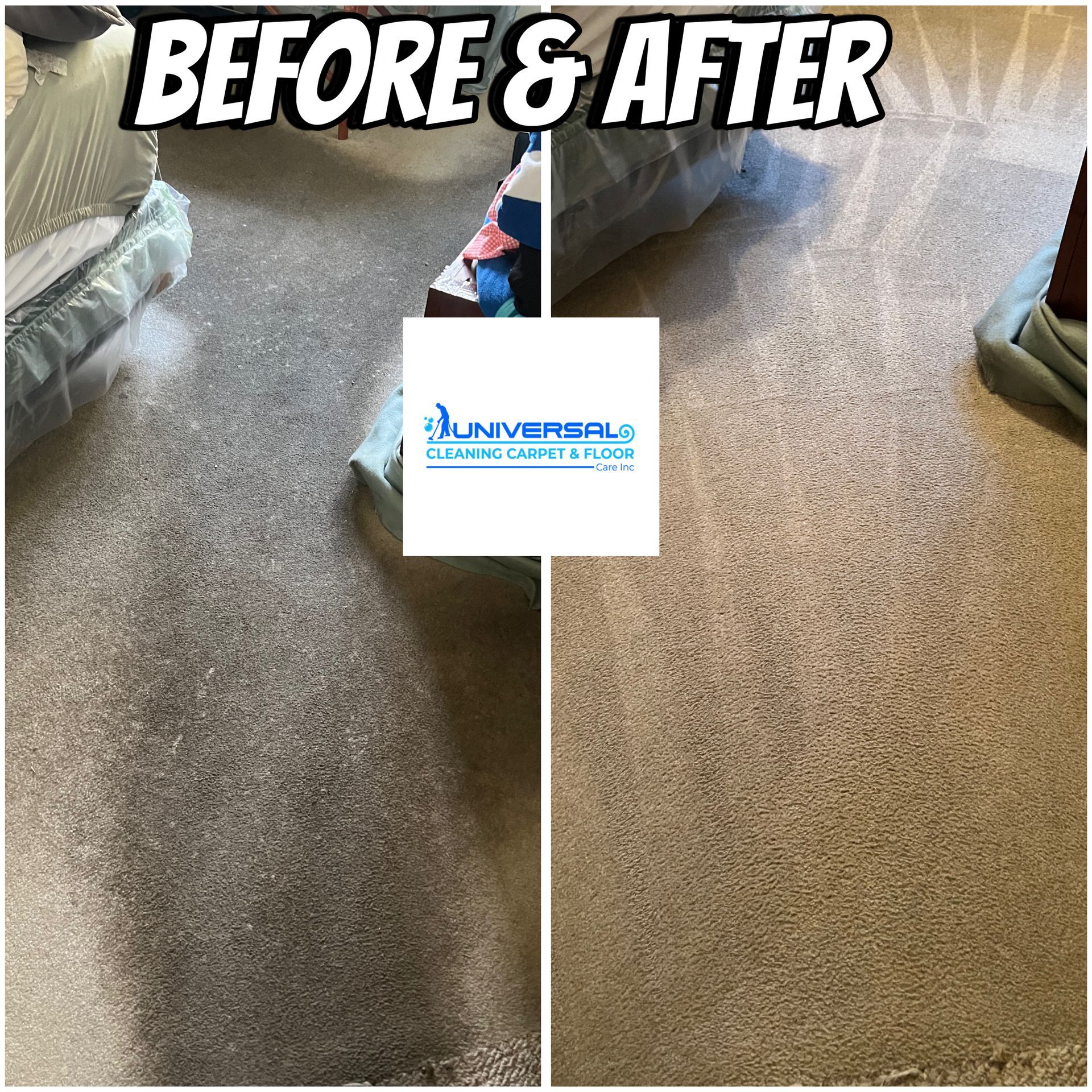 Before and after carpet cleaning, showing a significant color and texture difference.
