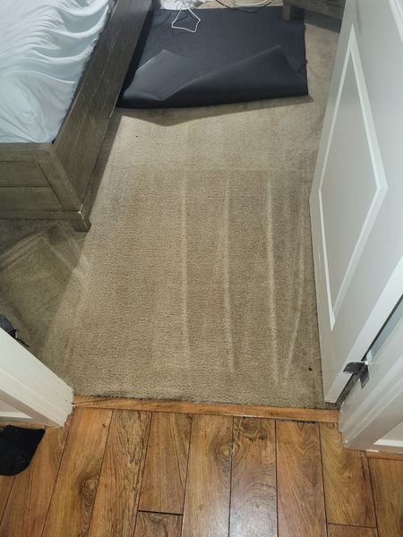 Beige carpet, with visible cleaning streaks, next to a bedroom door and wooden floor.