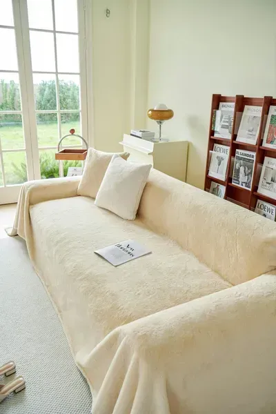 Cream-colored sofa with throw and pillows in a bright room with a large window and wooden bookcase.