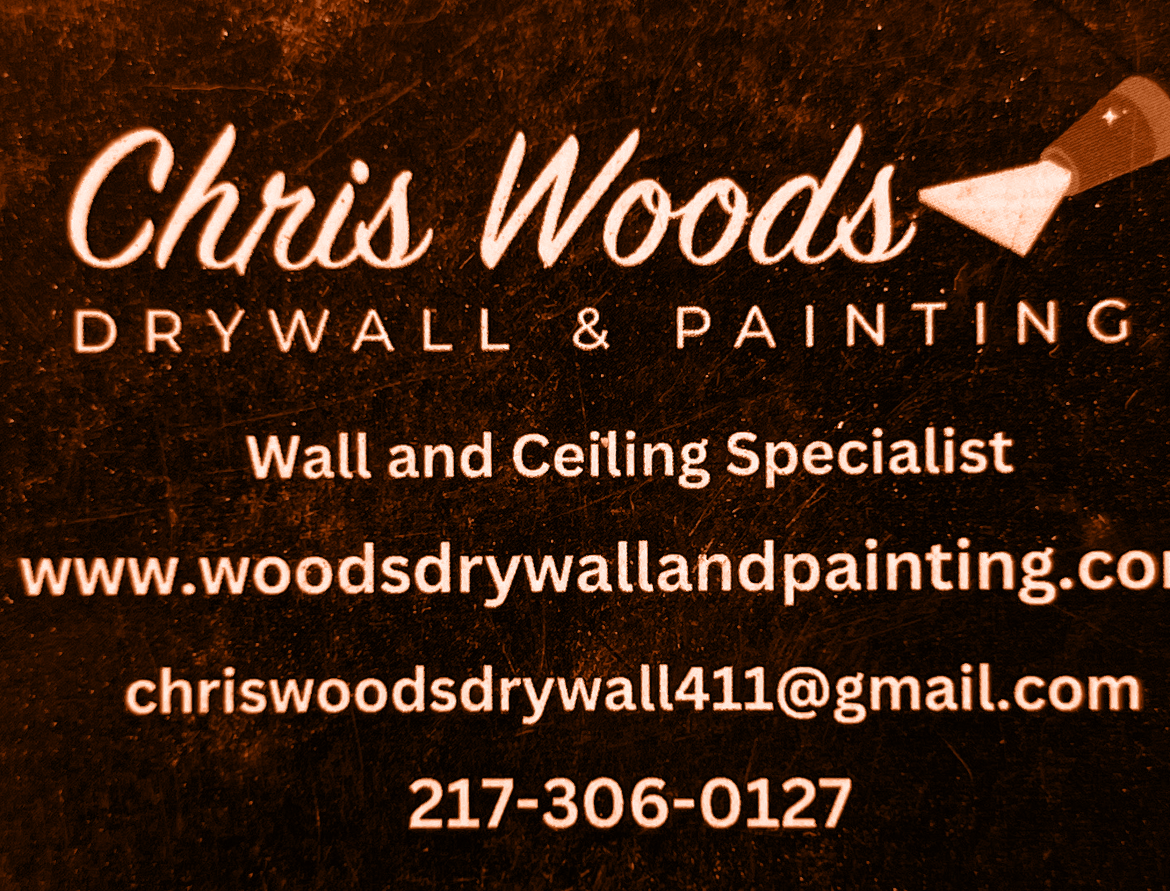 Chris Woods Drywall & Painting business card with white text on a dark orange background, drywall tool graphic.