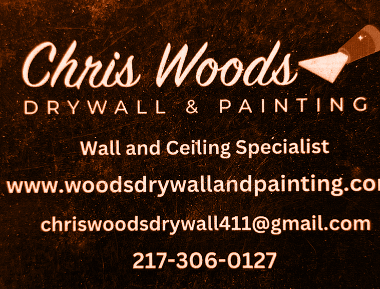 Chris Woods Drywall & Painting business card with white text on a dark orange background, drywall tool graphic.