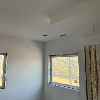 Empty white room with large windows, sunlight, and a potted plant.