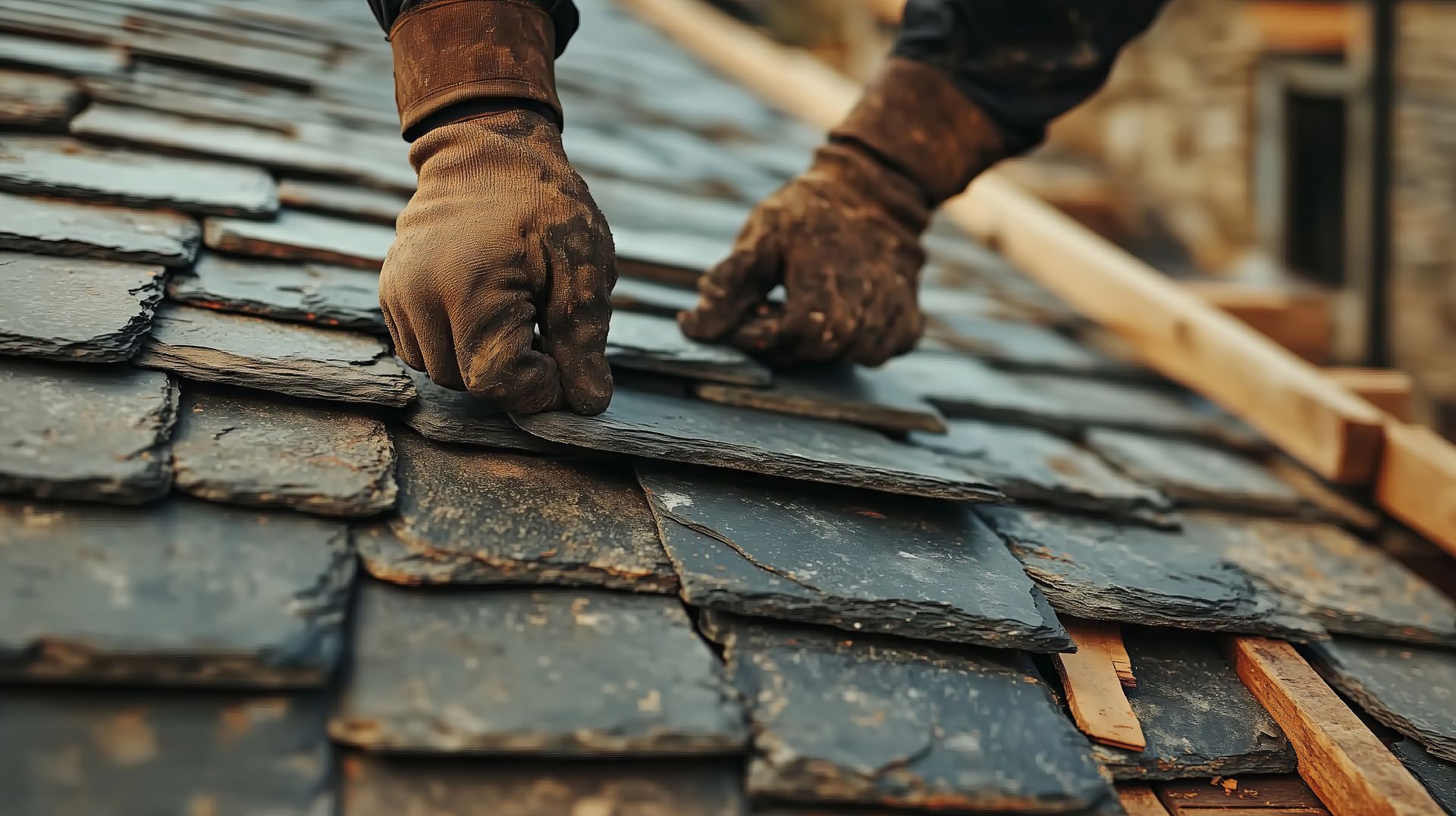 A man is installing slate tiles on a roof.