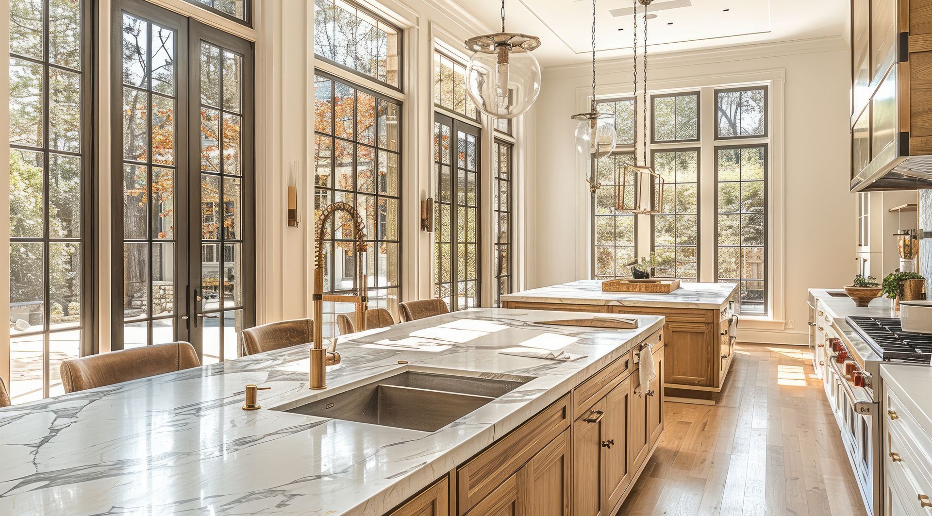 A kitchen with a large island , sink , and lots of windows.