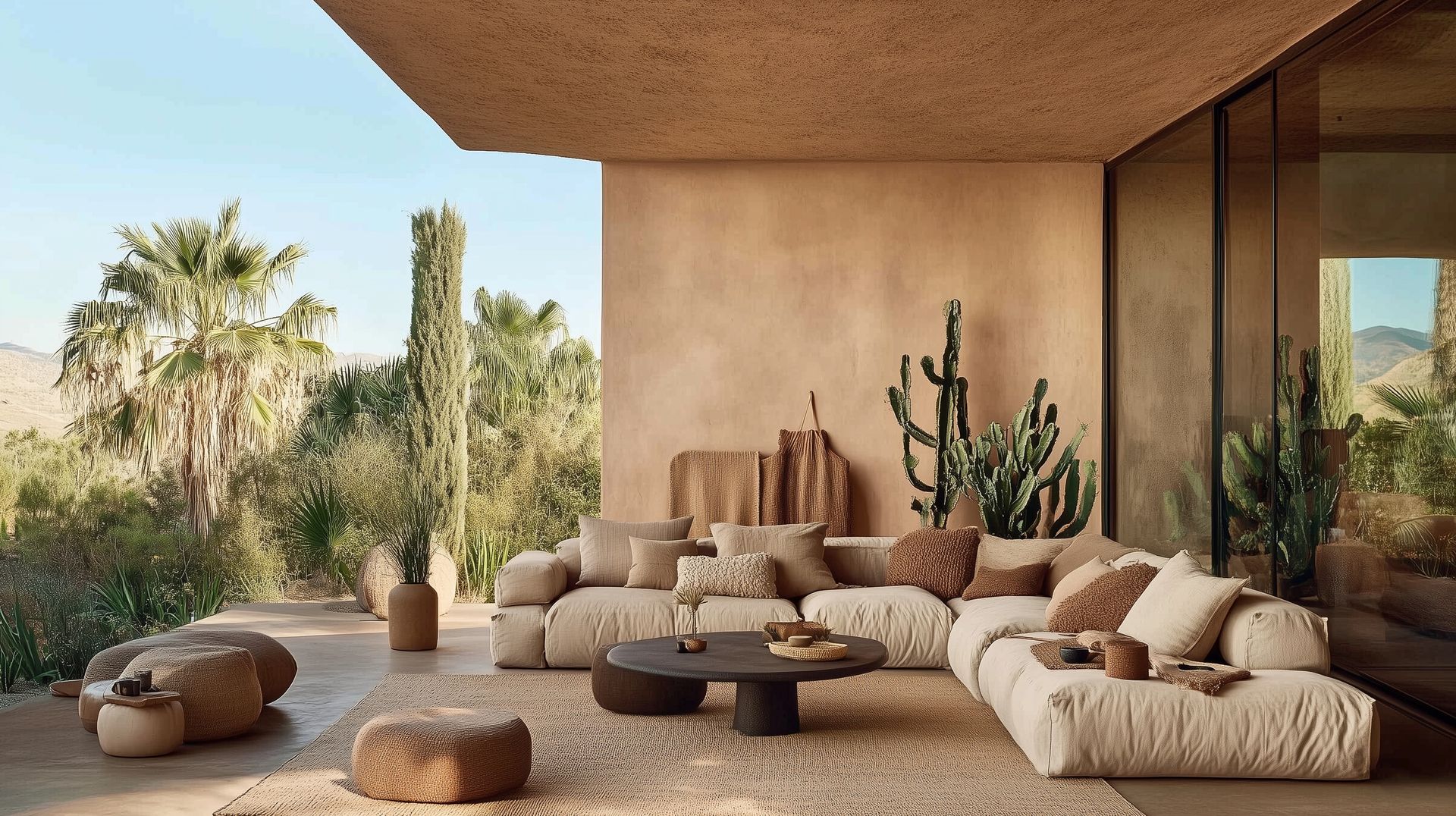 A living room with a couch , coffee table , and cactus.