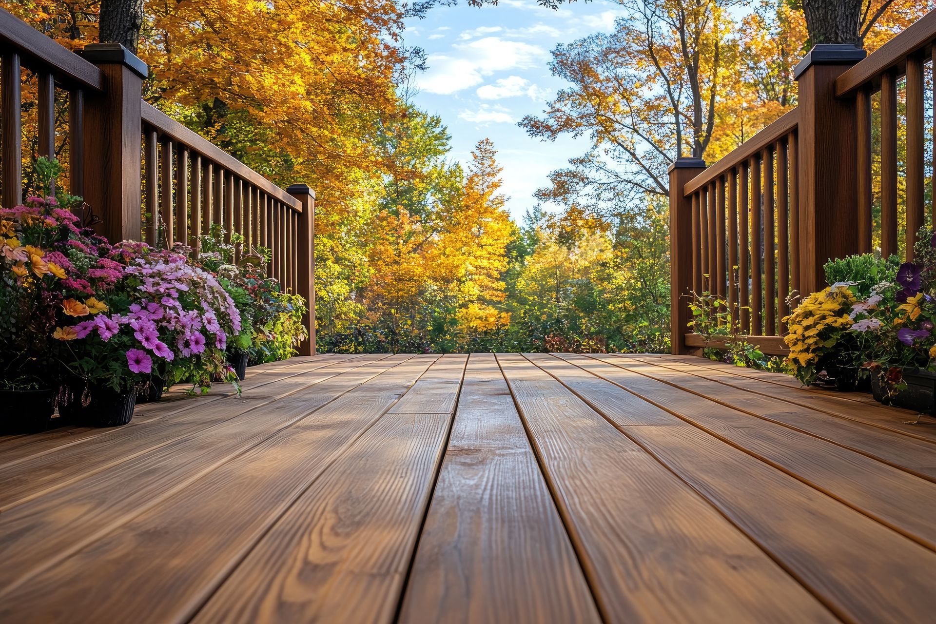 A wooden deck with flowers and trees in the background.