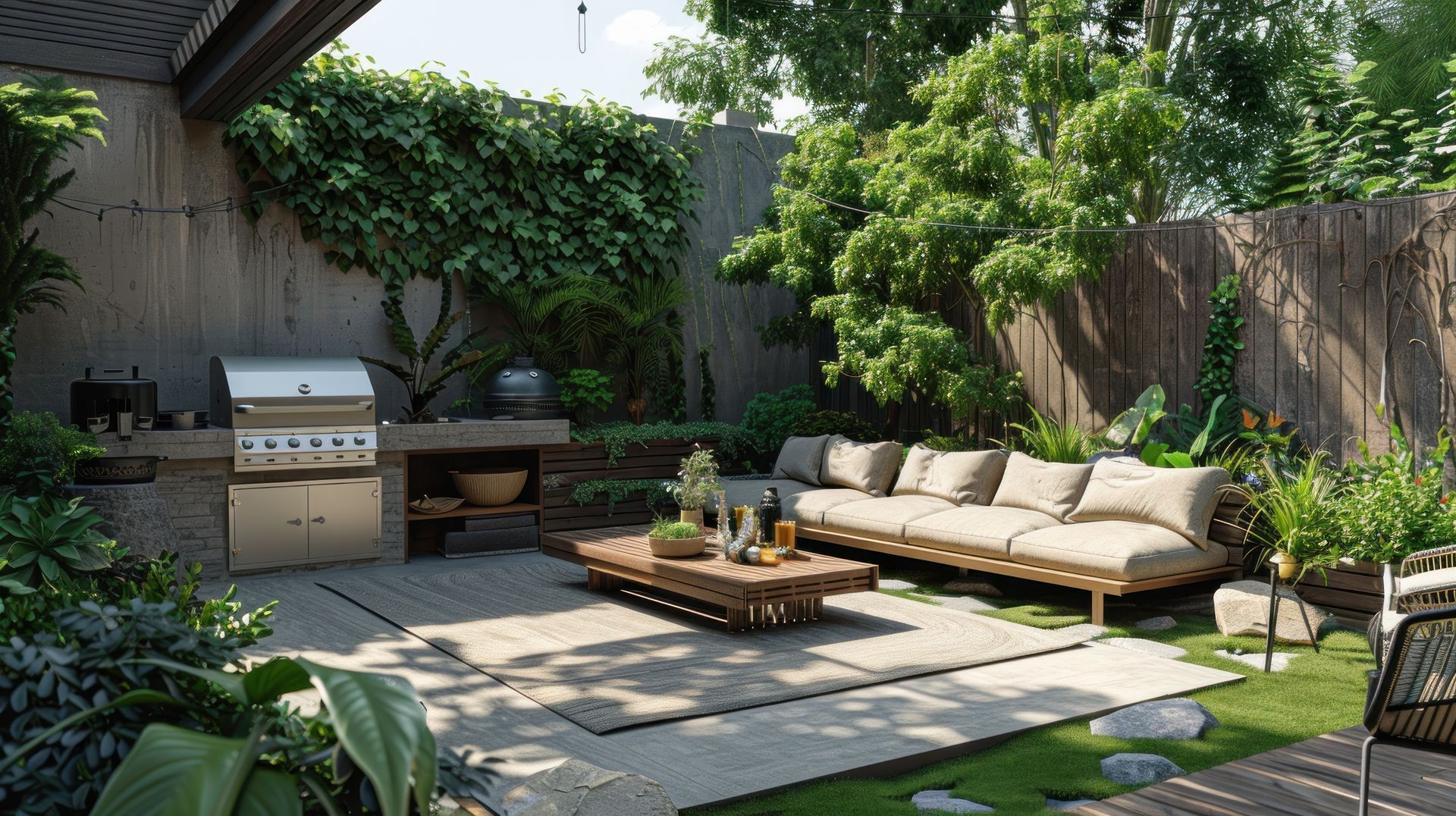 A patio with a couch , table , chairs and a grill.