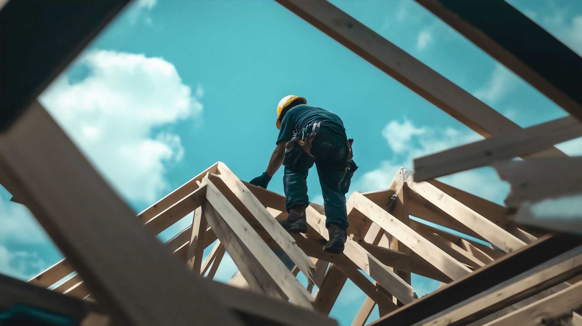 A construction worker is standing on top of a wooden structure.