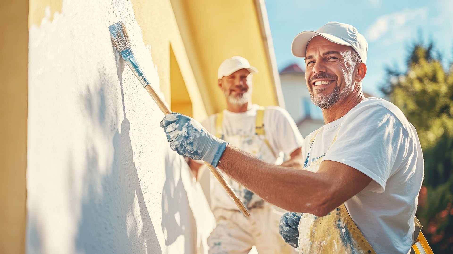 Two men are painting a wall together and smiling.