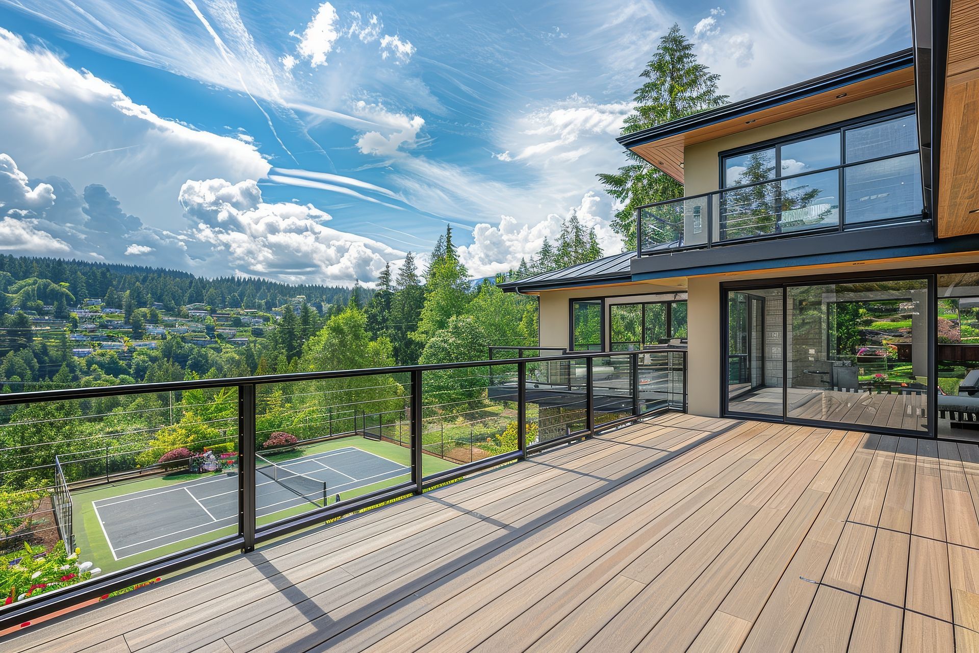 A large house with a large deck and a tennis court in the background.