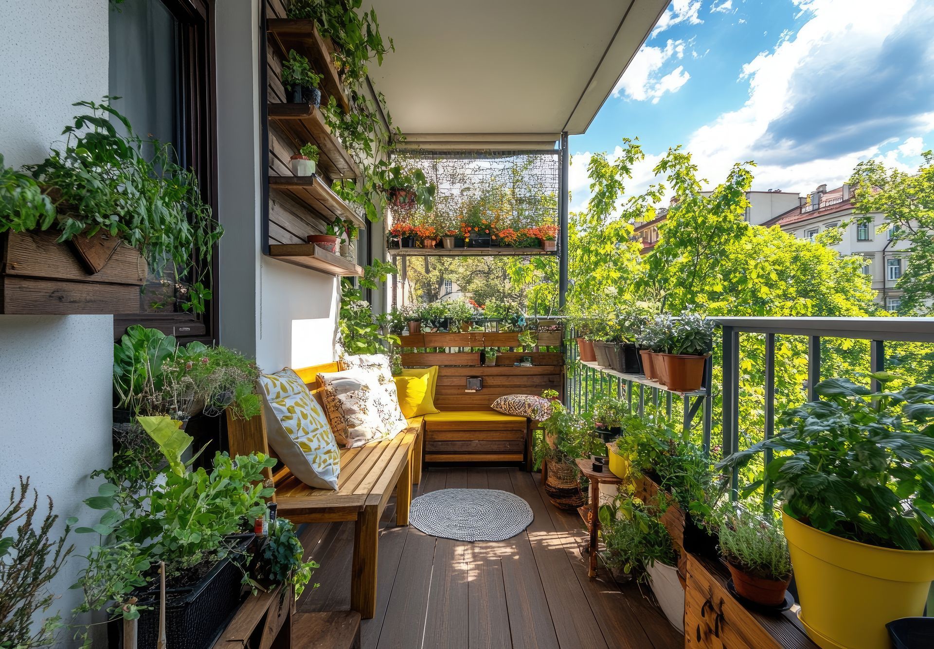 A balcony filled with lots of potted plants and a bench.