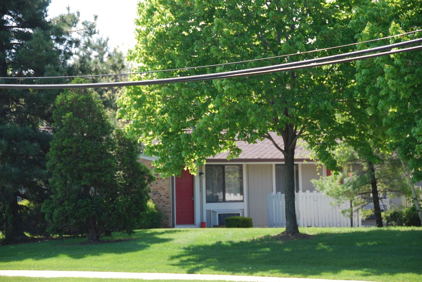 A house with a red door is surrounded by trees and grass