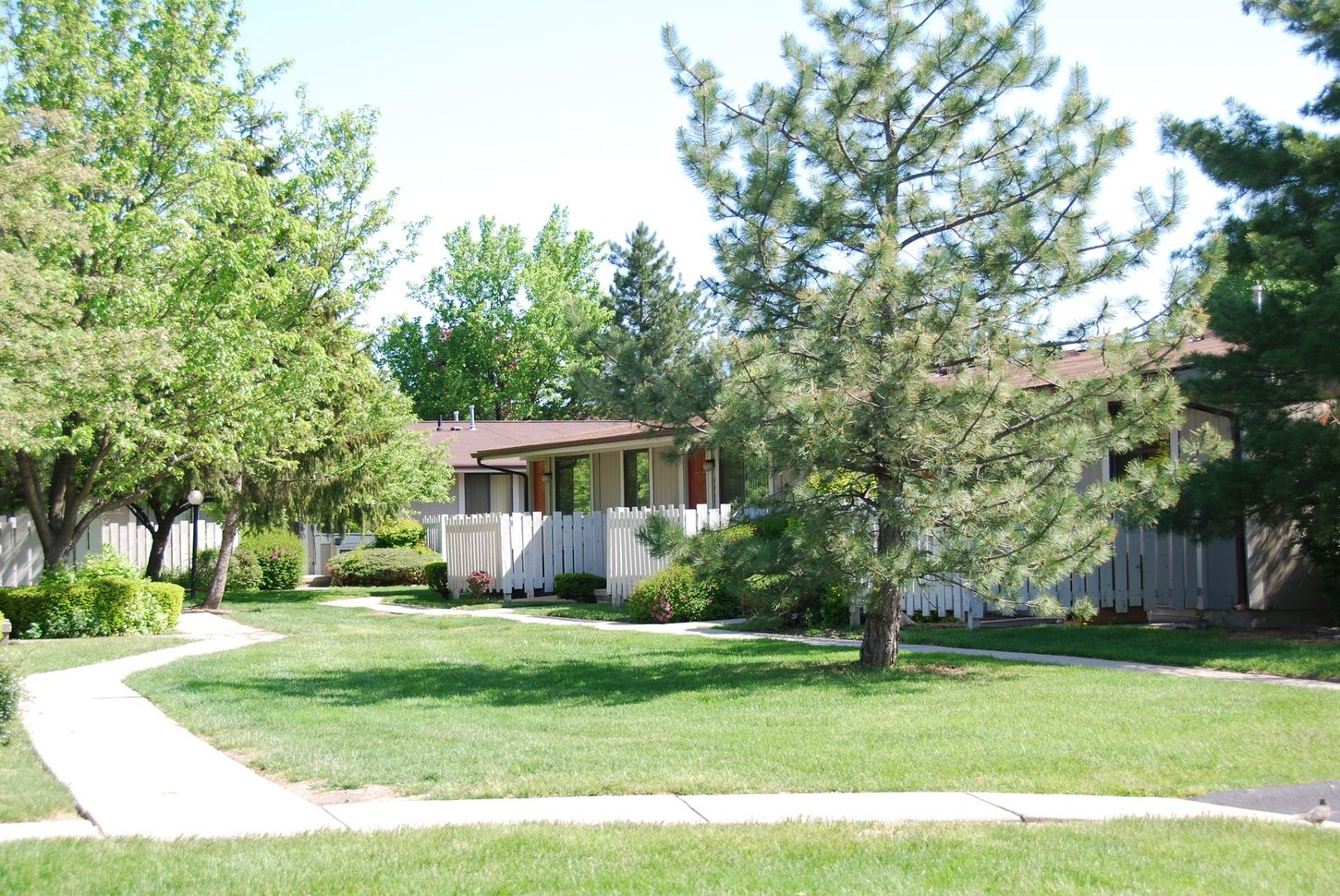 A house in a residential area with lots of trees and grass