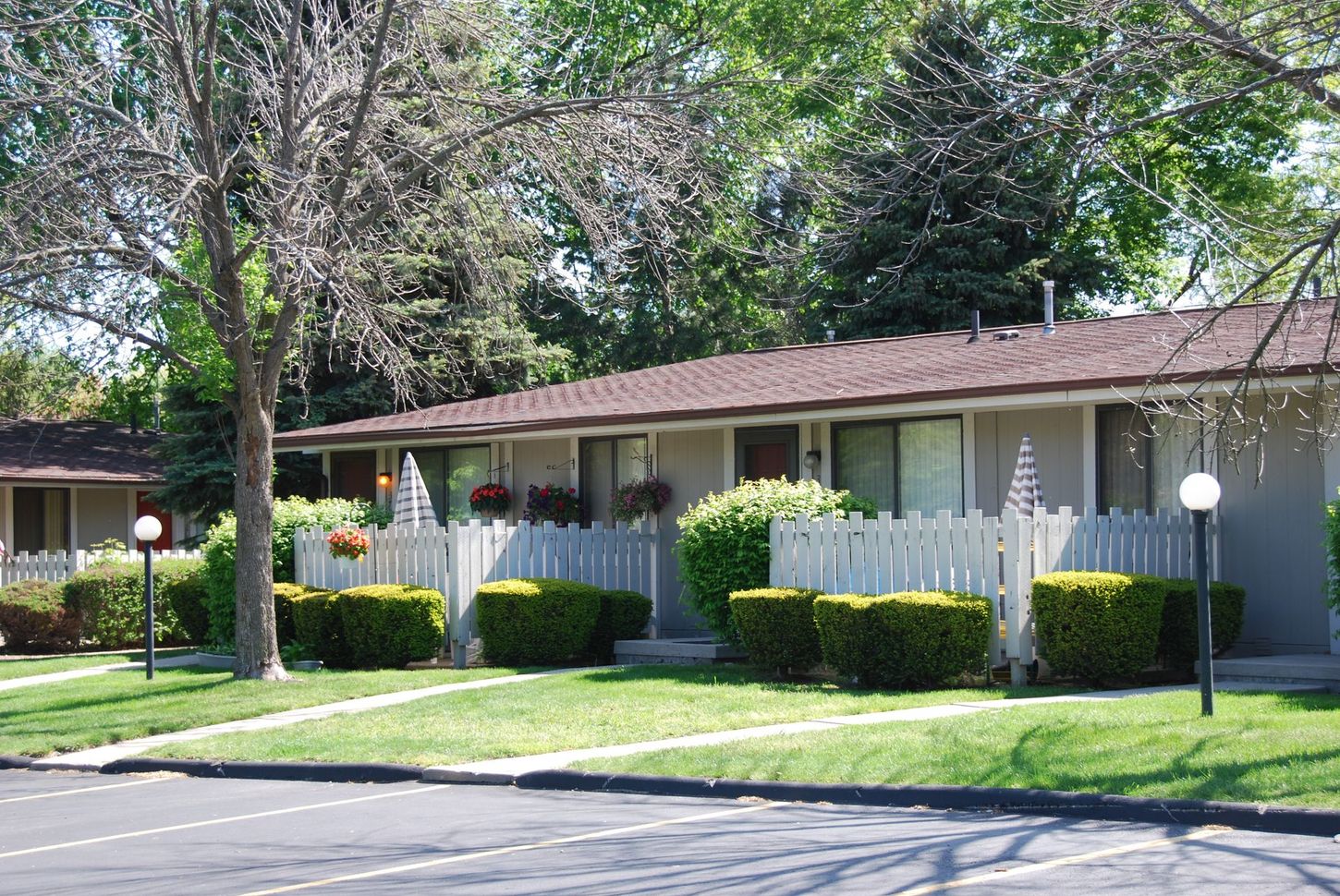 A row of houses with a white picket fence