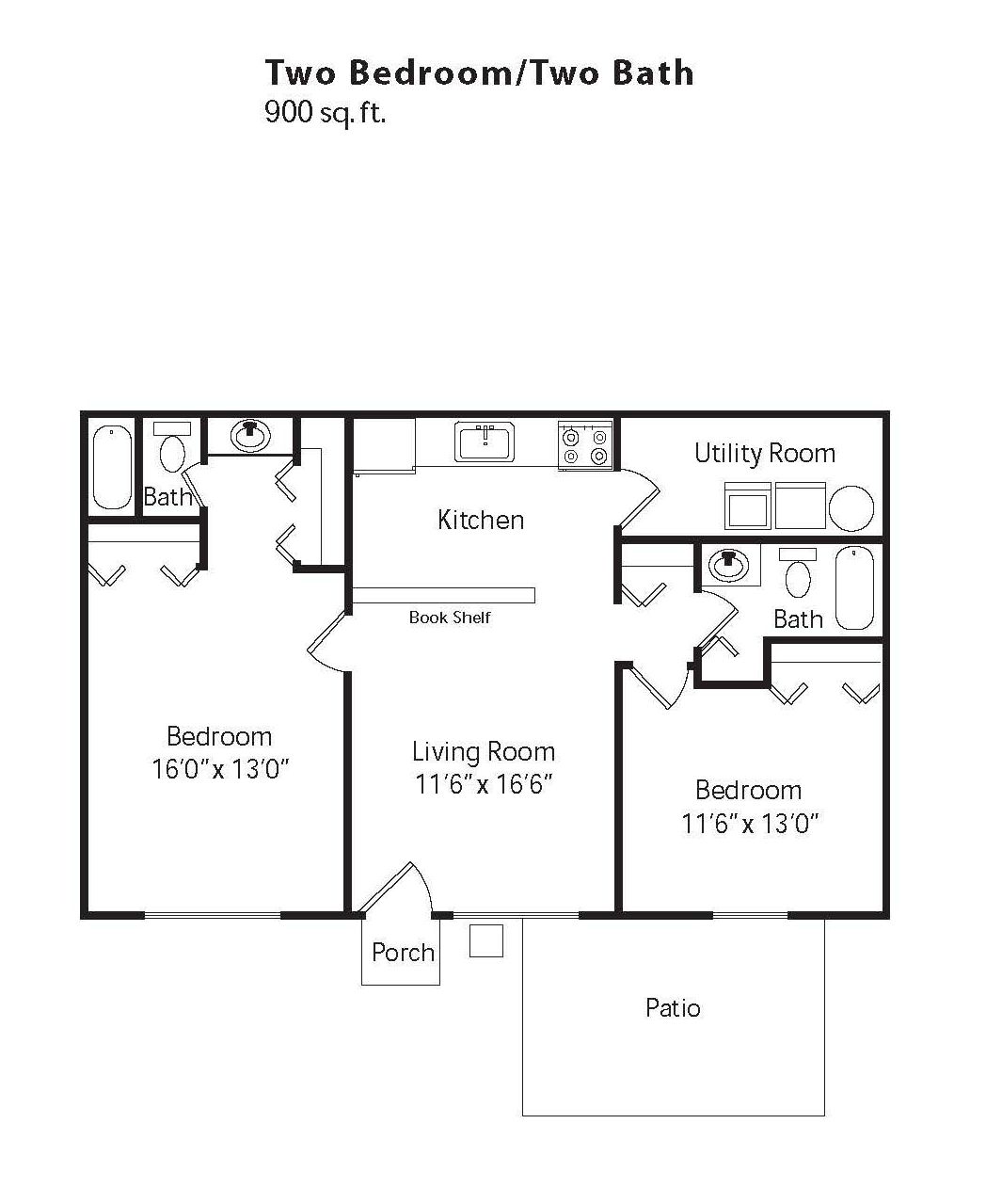 A black and white floor plan of a two bedroom / two bath apartment.