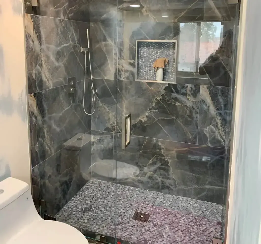 A bathroom with a walk in shower and a toilet