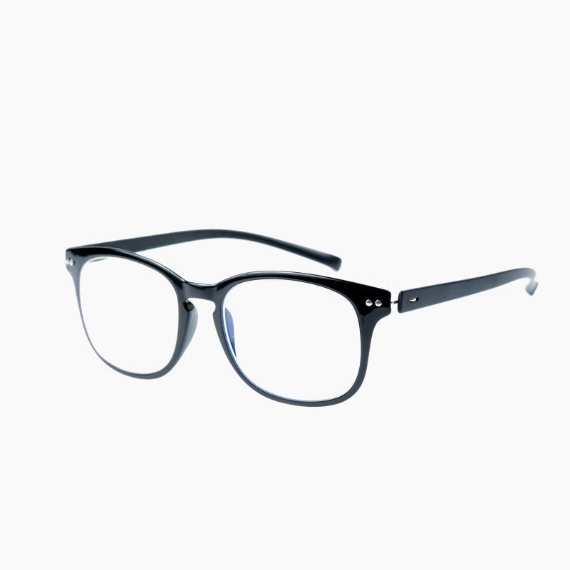 A pair of black reading glasses on a white background