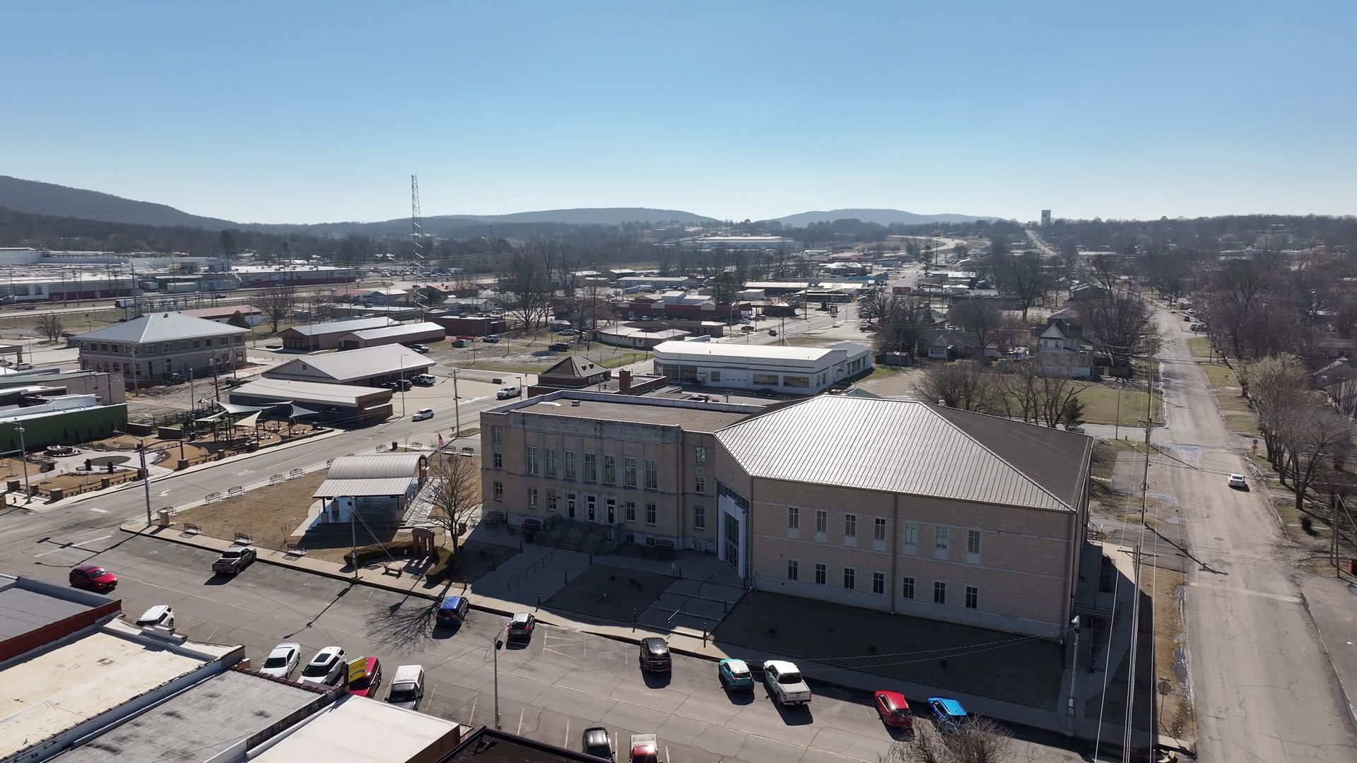 Aerial photo of Stilwell Oklahoma downtown with Adair County Courthouse, center