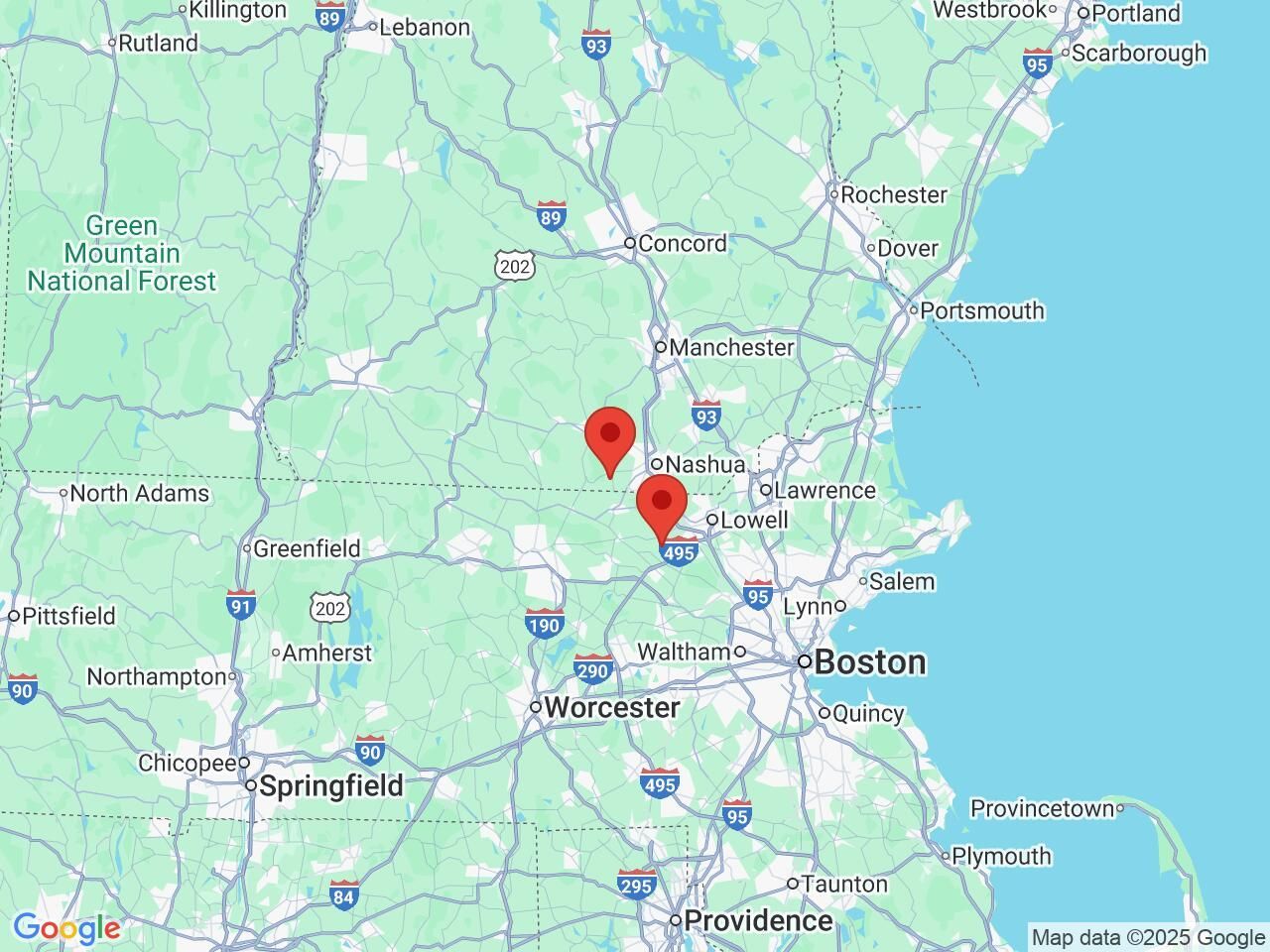 A map of the state of massachusetts with two red dots on it.