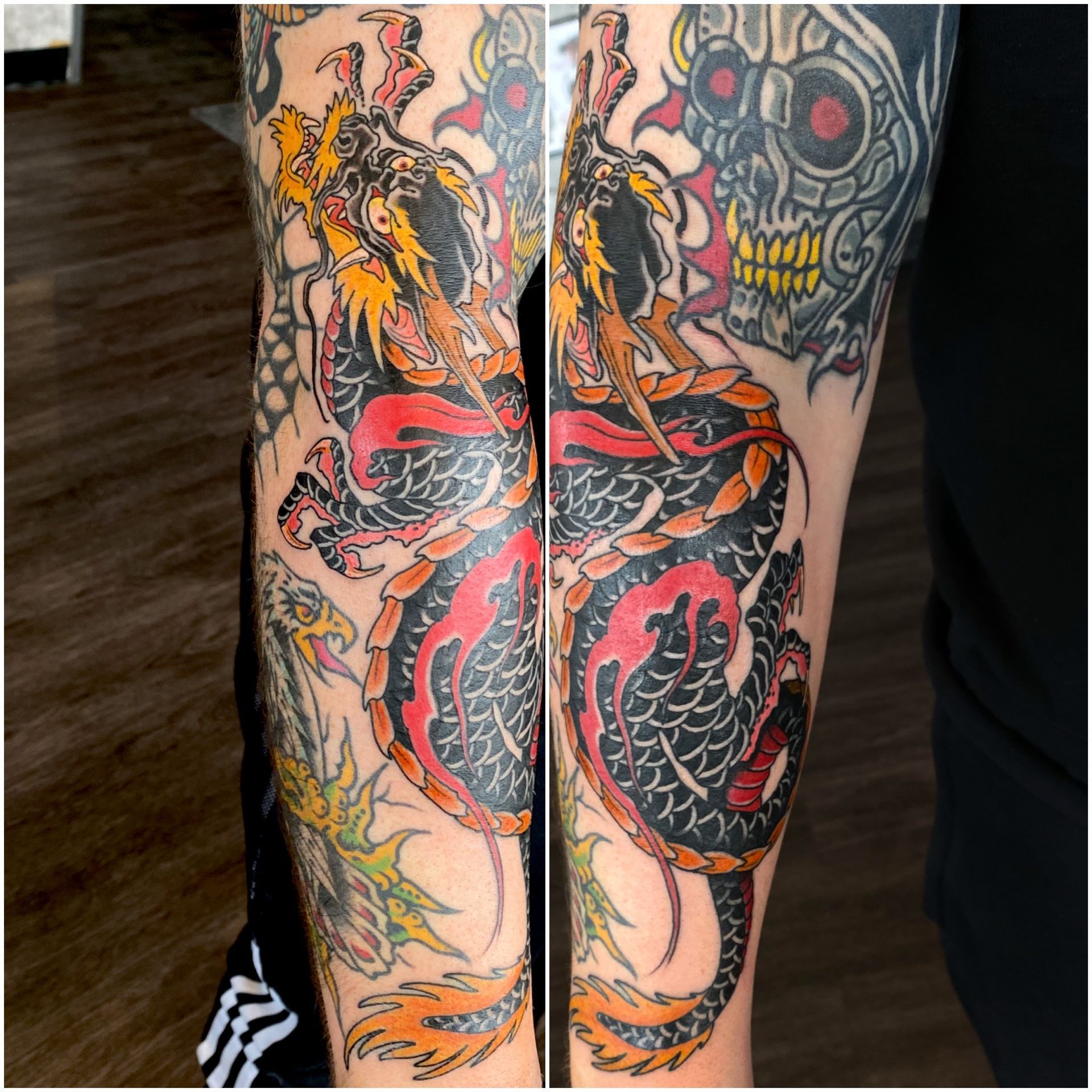 a person has a tattoo of a dragon on their arm