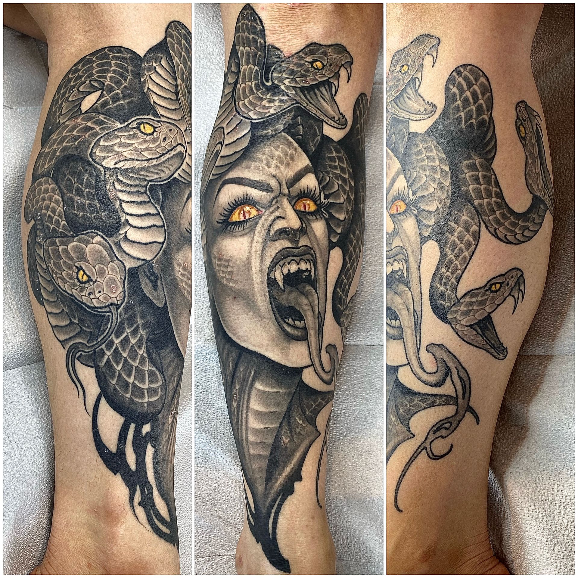 a tattoo of a woman with snakes around her head