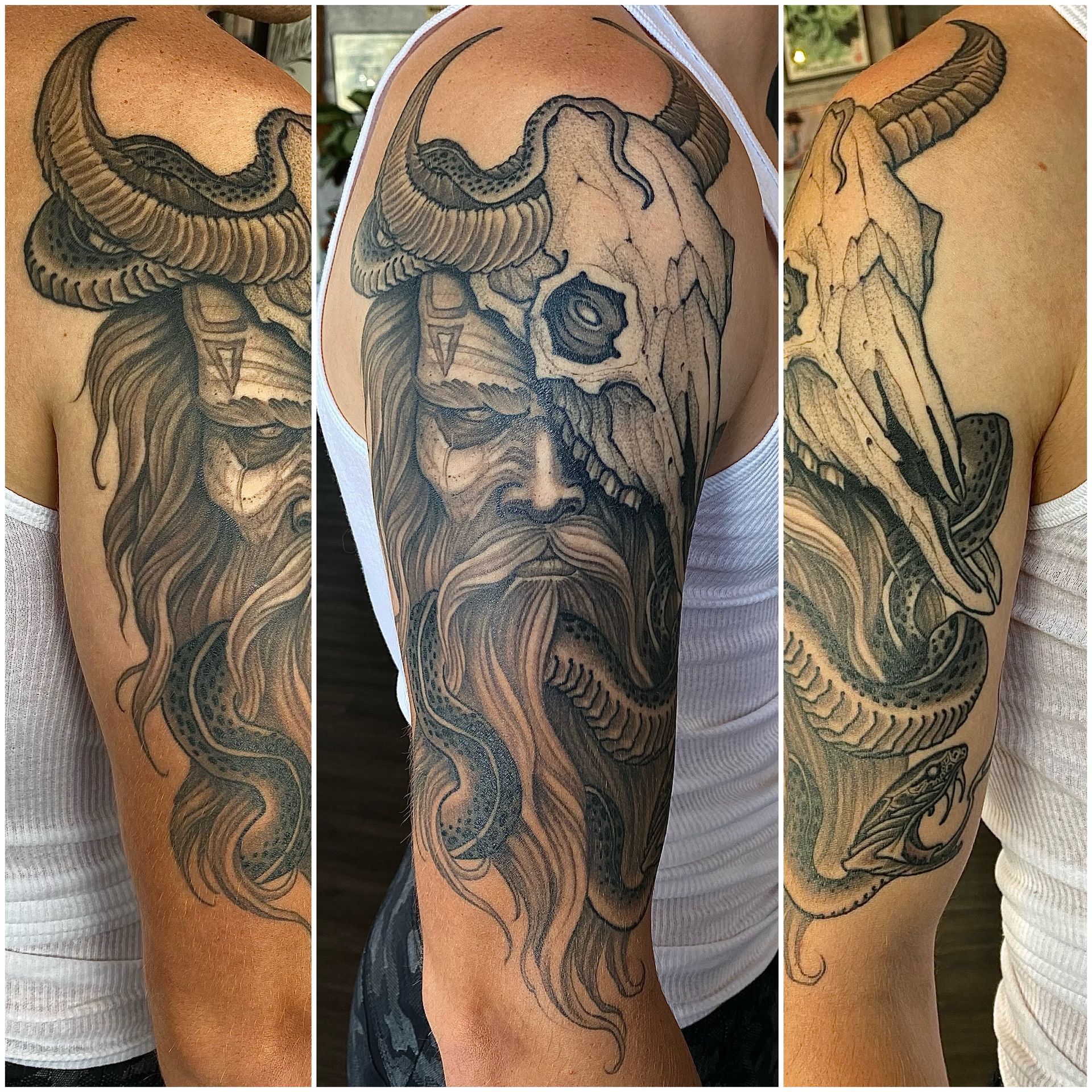 a tattoo of a man with horns and a beard