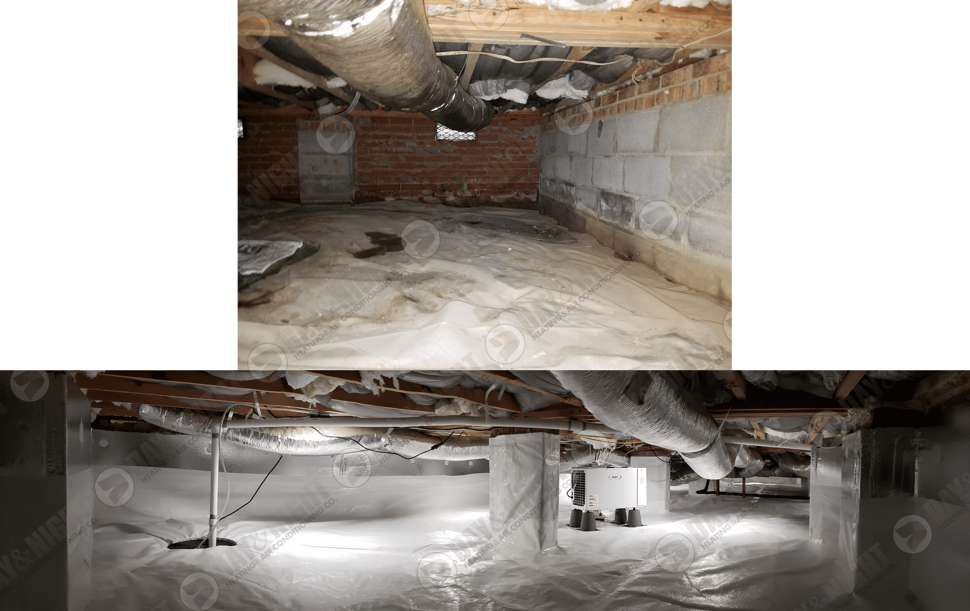 Photo of a crawlspace before and after encapsulation
