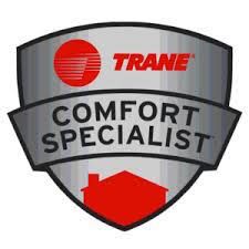 the logo for trane comfort specialist is a shield with a house on it .