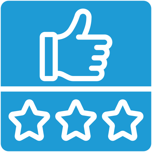 a thumbs up and three stars on a blue background .