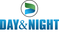 a day and night logo with a green leaf in a circle .