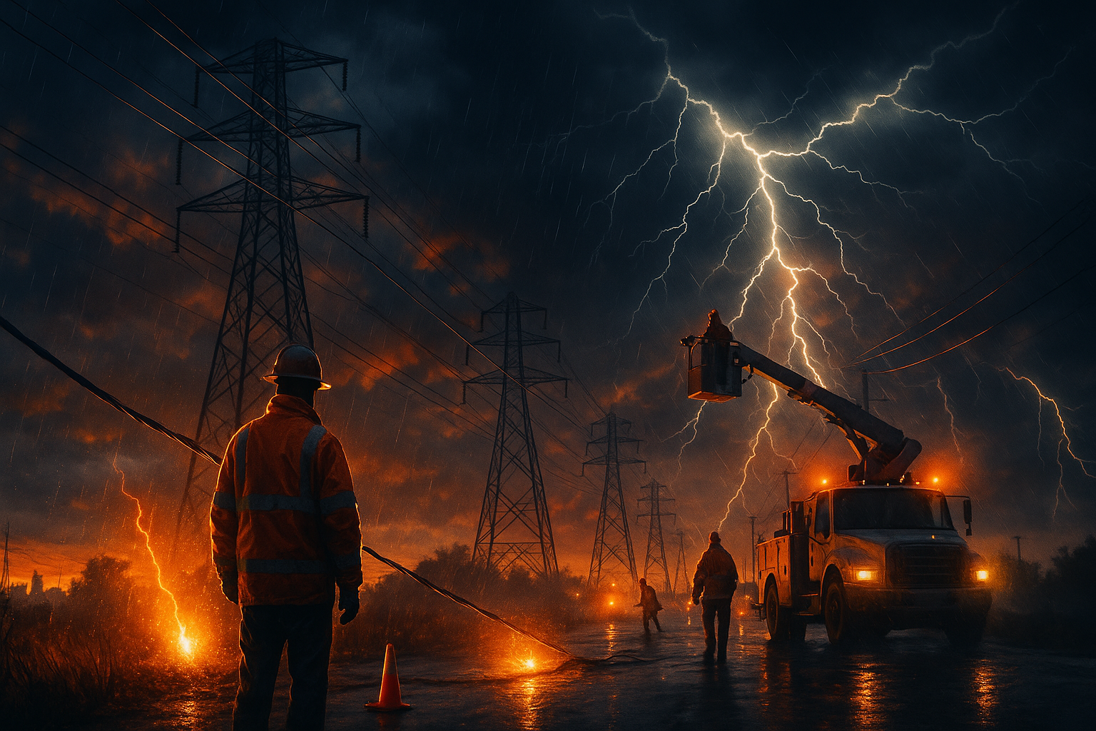 Linemen working on power lines during a thunderstorm at night. Lightning illuminates the scene, creating sparks.
