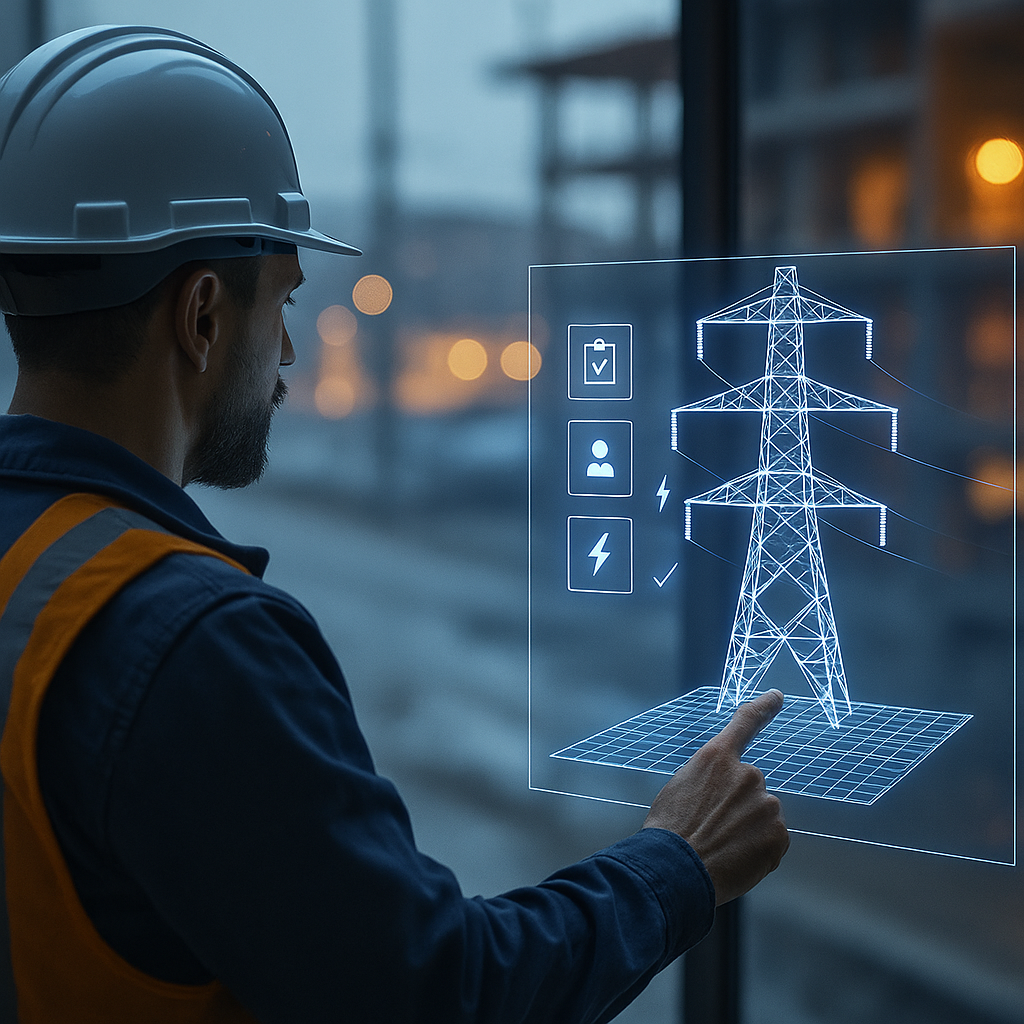 Construction worker examines a holographic image of a power pylon.