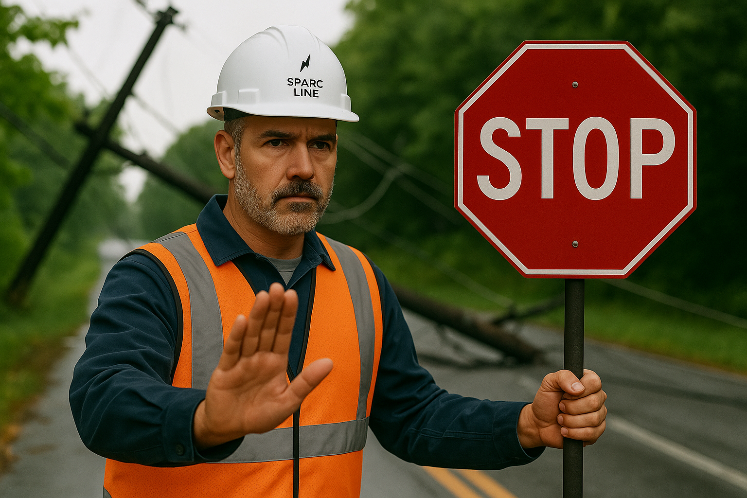 Man in safety vest and hard hat holding a stop sign, blocking a road with a downed power line.