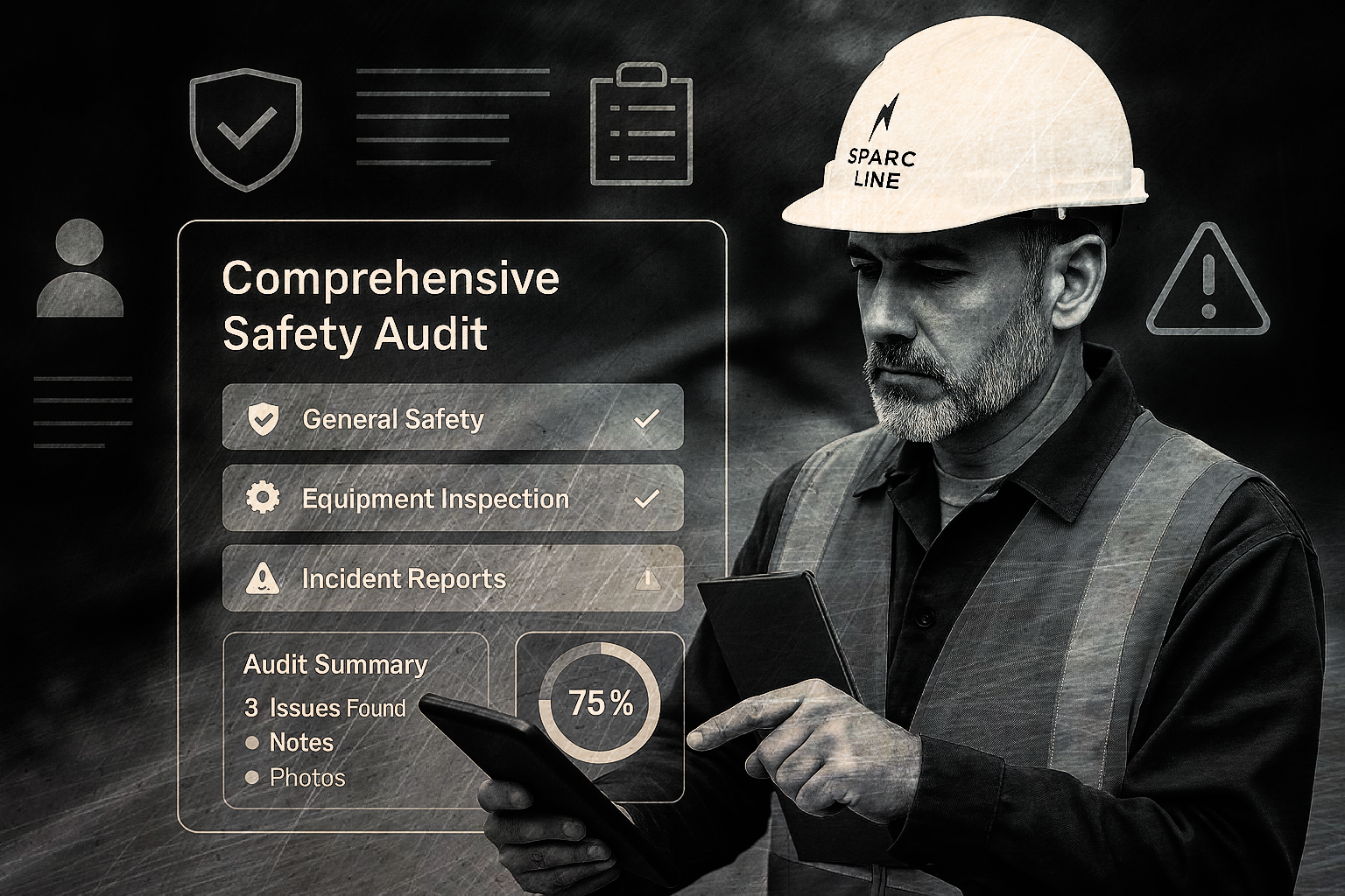 Construction worker in hard hat reviews a safety audit on a tablet; safety icons overlay the image, black and white.