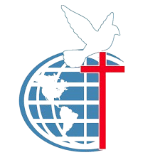 A dove is sitting on top of a cross in front of a globe.