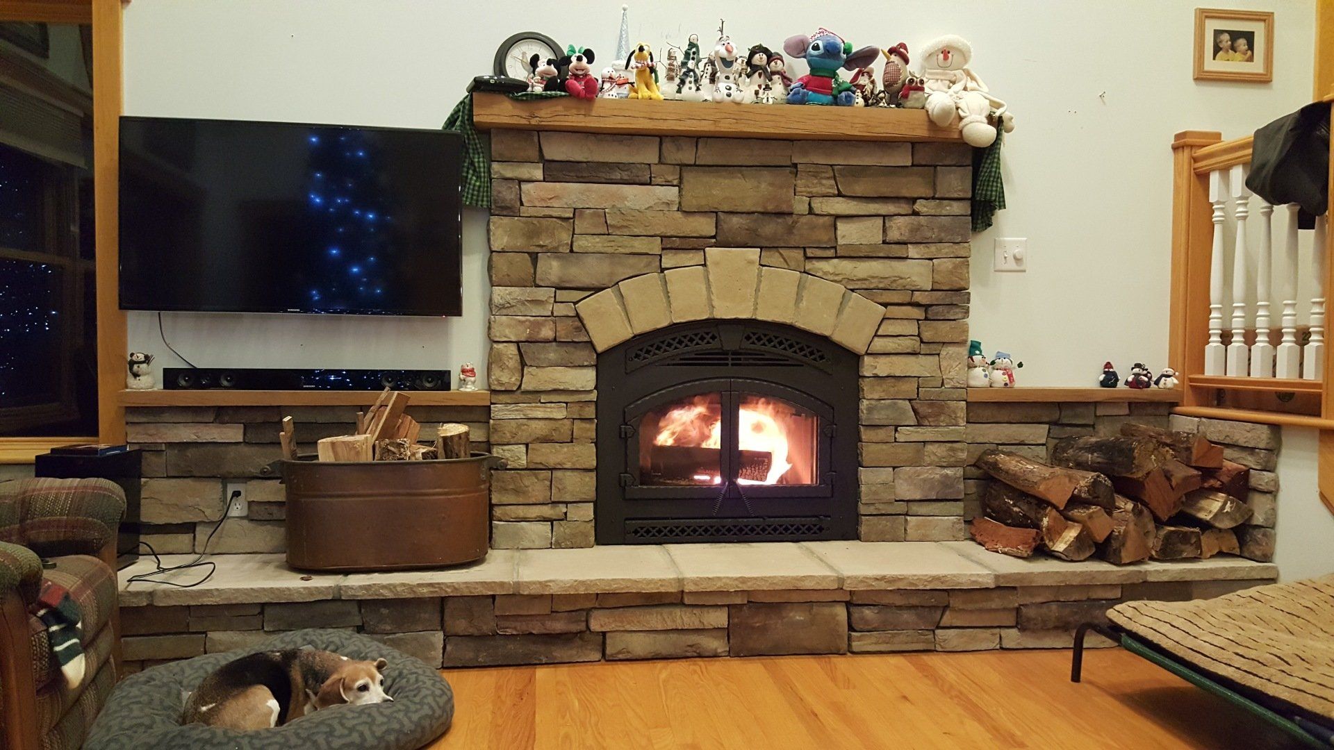 A dog is laying in a dog bed in front of a fireplace.
