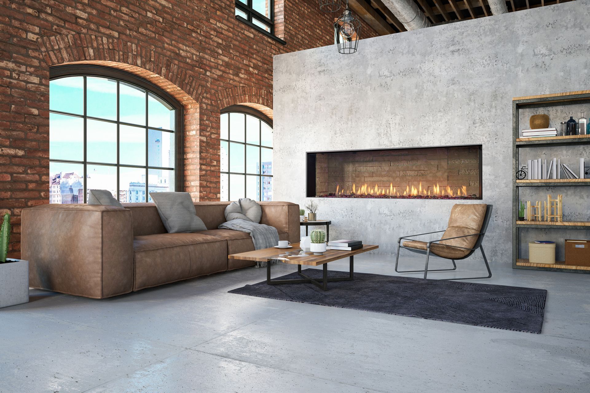A living room with a couch , chair , coffee table and fireplace.