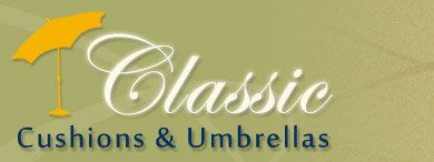 A classic cushions and umbrellas logo with a yellow umbrella