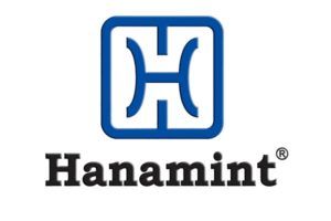 A blue and white hanamint logo on a white background