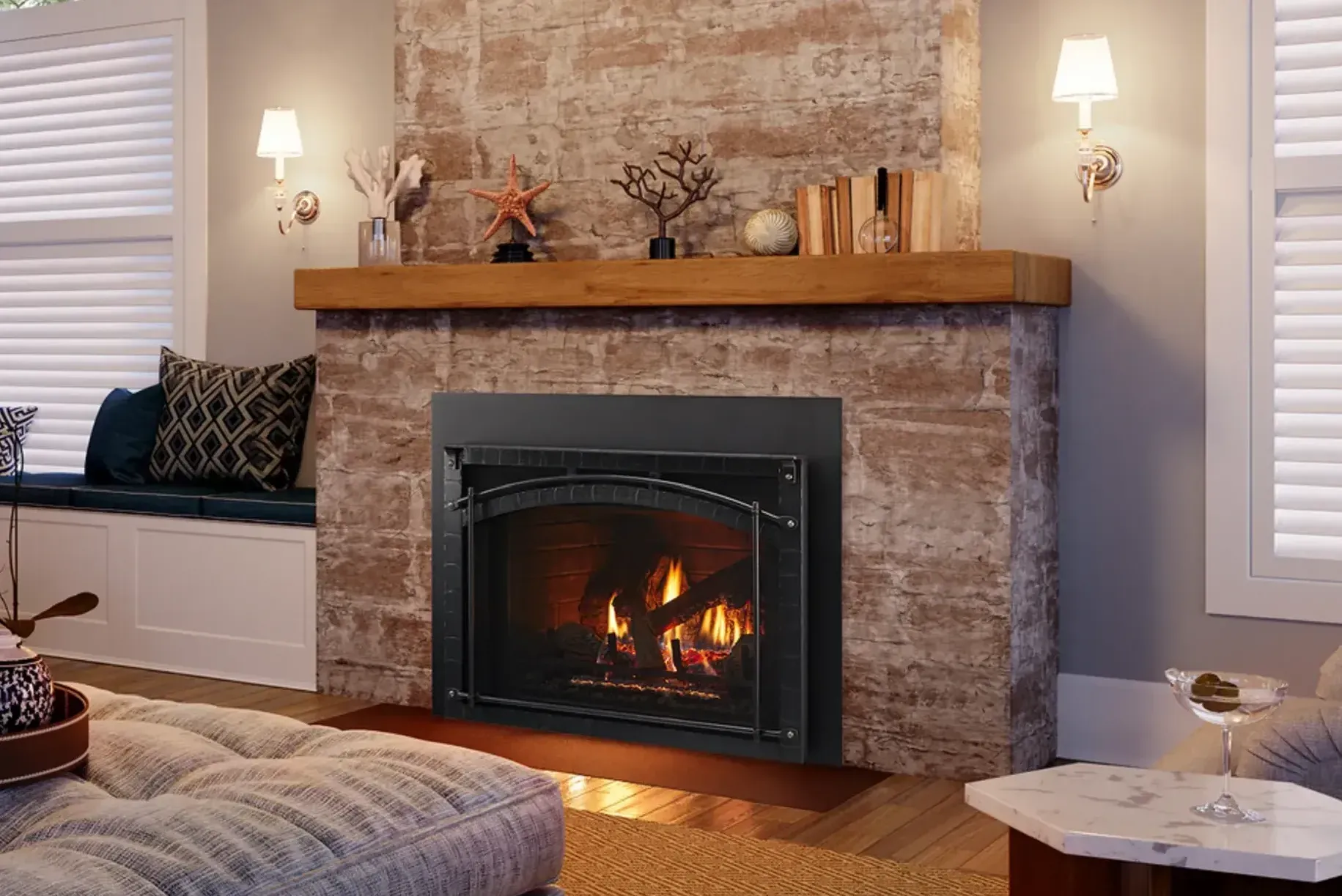 A living room with a fireplace and a wooden mantle.