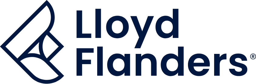 A blue logo for lloyd flanders with a diamond in the middle.